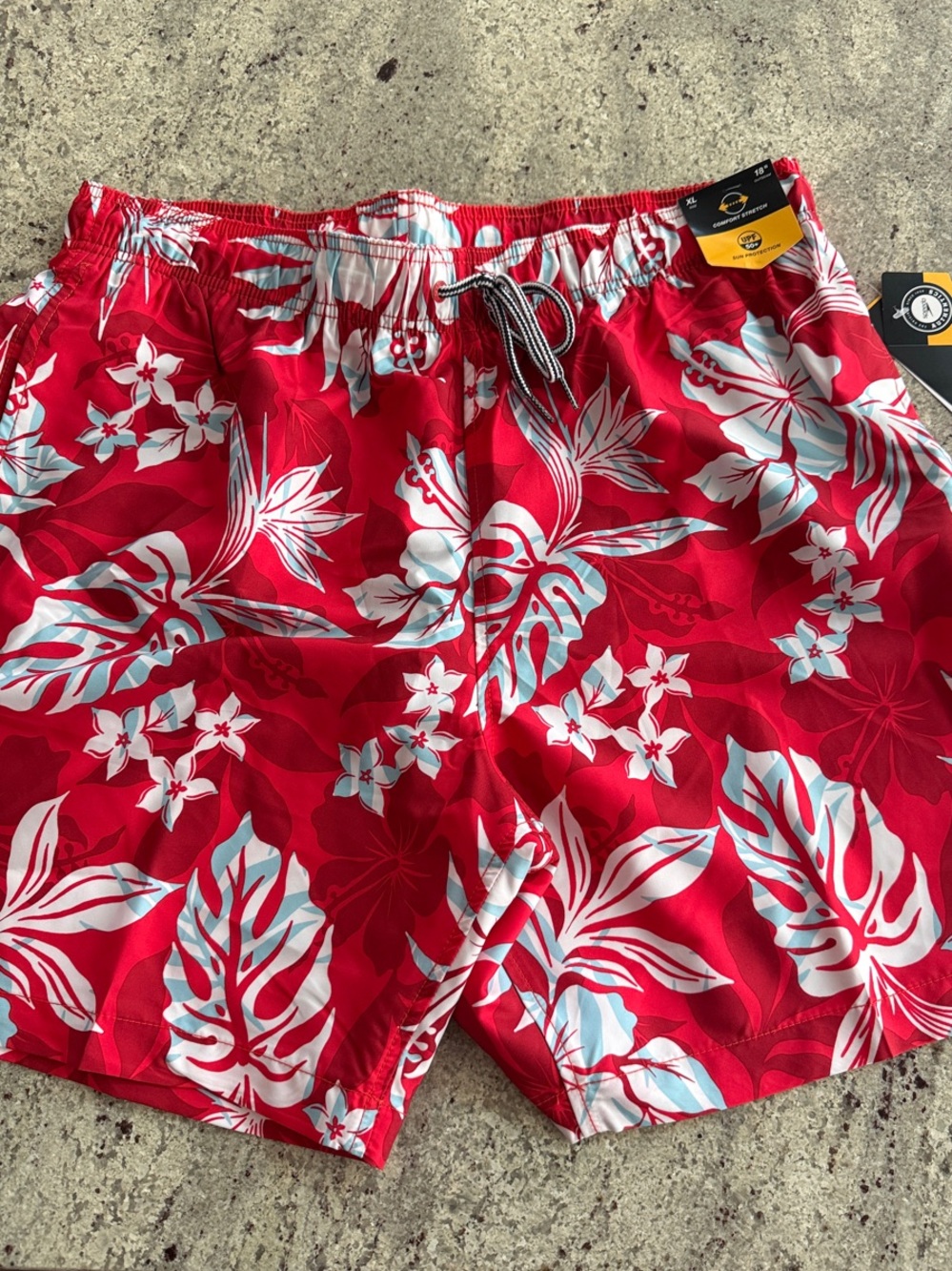 Speedo Red Floral Swim Trunks with White and Light Blue Print